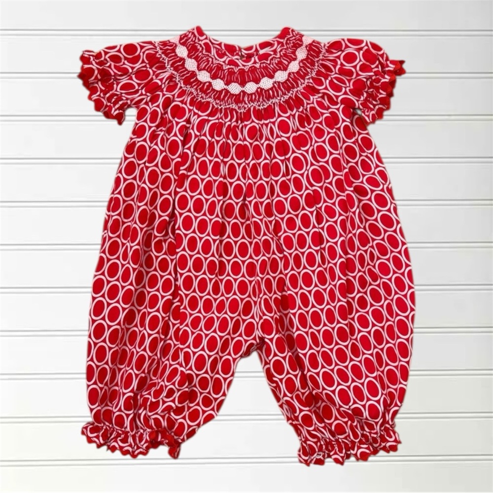 HAND SMOCKED NWOT Girls Red Geometric Print Bubble Jumpsuit